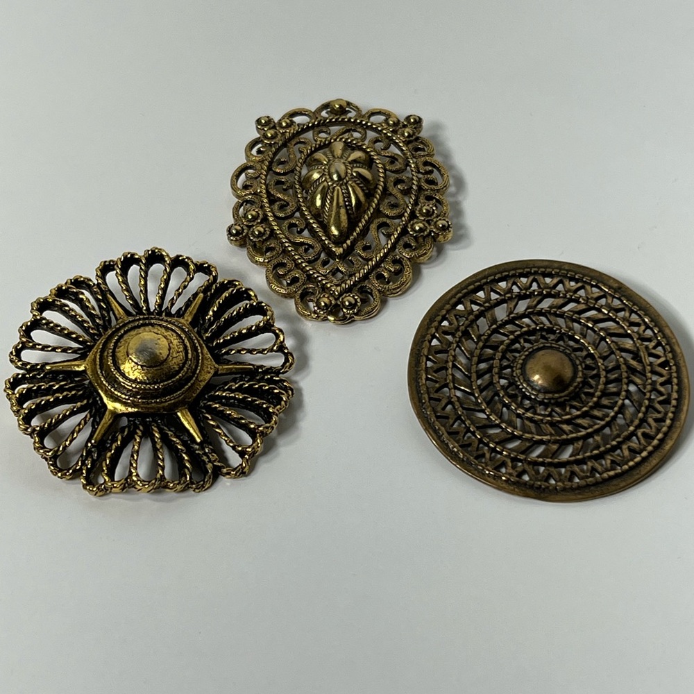 Three Vintage Brass Brooches Floral, Circle and Toned Statement Brooches